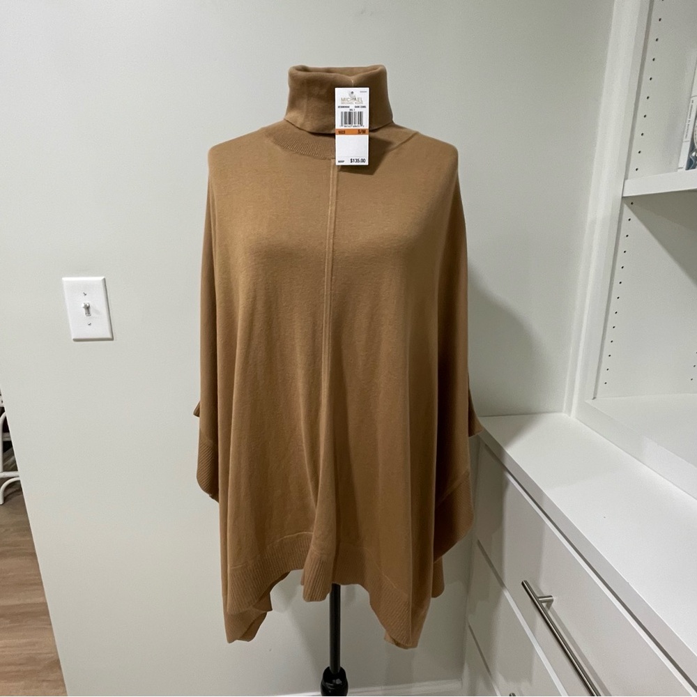 NWT Michael Kors Dark Camel Turtleneck Poncho Lightweight Sweater Loose Fit